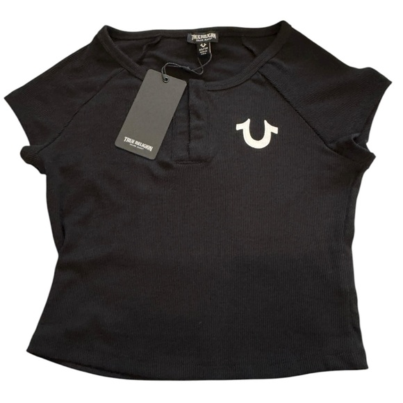 True Religion Printed Horseshoe Raglan Cap sleeves Jet Black Baby Tee - Picture 1 of 7